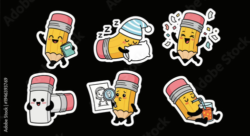 Sweet kawaii pencil sticker set, a versatile vector collection showcasing cute animated characters in various activities, ideal SVG for graphic design