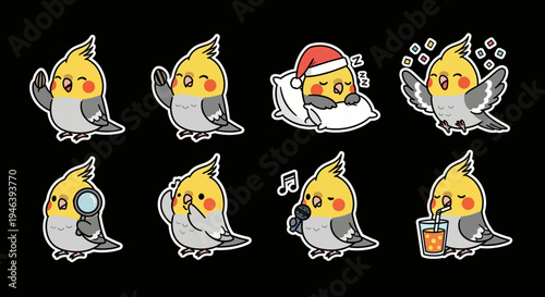 Charming and adorable kawaii cockatiel bird sticker set, a fantastic collection of expressive parrot vector illustrations, ideal as cute svg decals