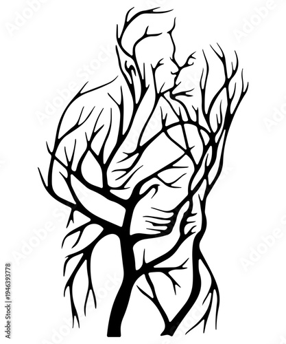 Human face tree creative surreal line art vector illustration