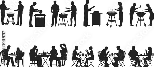 Silhouettes of People Barbecuing and Dining Outdoors on White Background barbecue grill