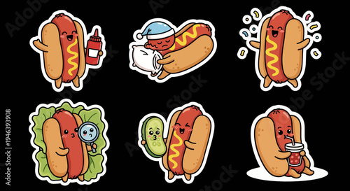 Expressive and cute kawaii hot dog sticker set featuring unique character poses, a versatile vector and SVG collection for playful and vibrant designs