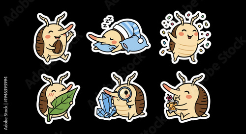 Adorable kawaii sticker set of charming armadillo-like creatures, a delightful vector SVG collection for playful designs and whimsical creative projects