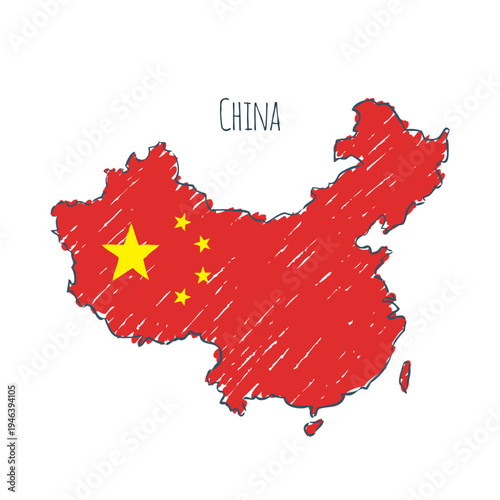 China Map Sketch - hand drawn Chinese flag illustration
