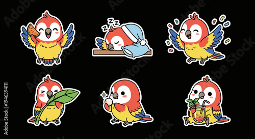 Adorable parrot character kawaii sticker set, perfect as versatile svg and vector graphics for children's designs and playful tropical themes with various poses