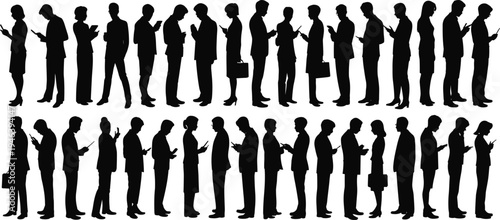 Silhouettes of People Standing and Using Smartphones in Two Rows mobile phones technology
