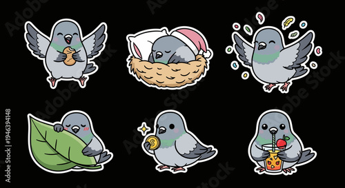 Adorable Kawaii Pigeon Sticker Set Vector Graphics, cute cartoon dove SVG collection for digital design projects, printable decals, and charming bird art