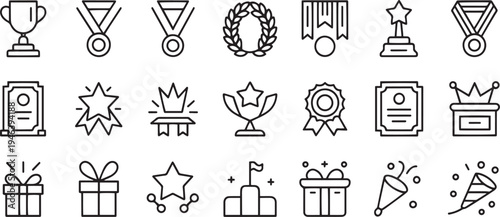 Collection of flat design award trophy cup and celebration icons isolated on transparent background