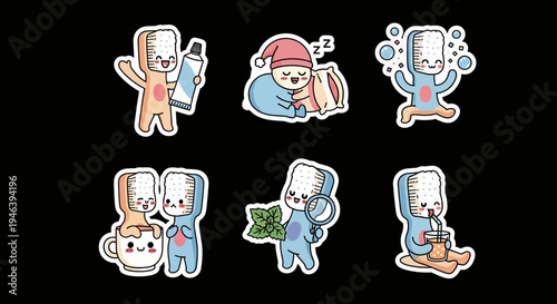Delightful kawaii sticker set, showcasing cute characters in everyday scenarios, ideal as versatile svg vector graphics for charming creative projects