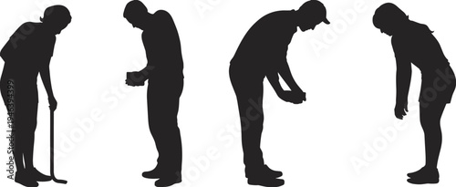 Silhouettes of people with golf club and looking at phones on white background Keywords: people, silhouette, golf, golf club