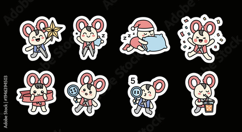 Cute kawaii mouse character vector sticker set. Adorable rodent illustrations in various activities, perfect as scalable SVG files for design