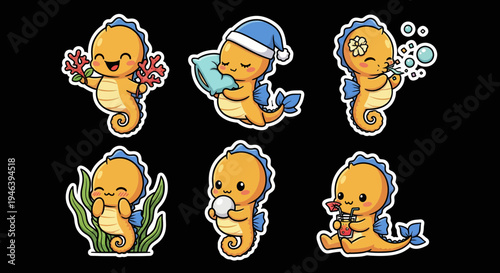 Kawaii seahorse sticker set. Adorable marine creature vector illustrations in various cute poses, great for scalable SVG digital art projects