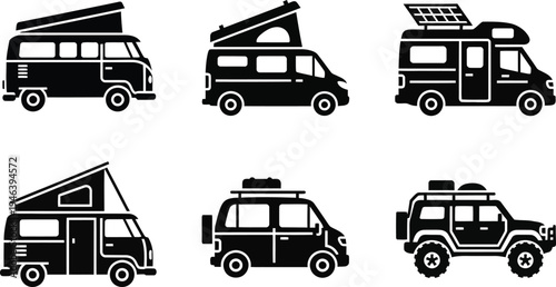 Black vector illustrations of various camper vans and SUVs with rooftop equipment