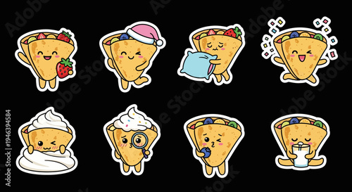 Delightful kawaii crepe character sticker set A versatile vector SVG collection featuring sweet dessert illustrations with various playful expressions