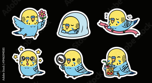 Adorable Kawaii Budgerigar Sticker Set Charming vector SVG illustrations of cute parakeets in playful poses, ideal for versatile digital design