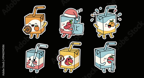Delightful Kawaii juice box character sticker set, a vibrant vector SVG illustration collection of cute beverage friends with cheerful expressions and playful designs