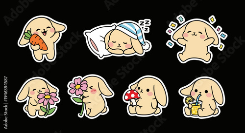Adorable kawaii bunny sticker set vector collection of charming cartoon characters and cute animal illustrations, ideal as scalable svg graphics