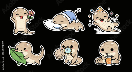 Adorable kawaii creature sticker set vector collection for digital projects, featuring cute animal characters in various playful poses, available as scalable SVG illustrations