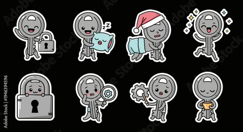 Charming kawaii key characters presented as a versatile sticker set. This adorable vector illustration in SVG format is ideal for playful digital designs