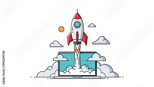Startup project launch concept with space rocket flying out of a laptop screen against a sky background with clouds.