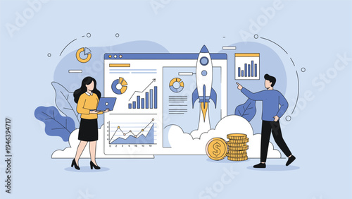 Business growth and marketing dashboard concept with rocket launch from monitor screen and team of professional people.