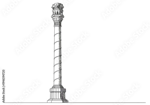 Detailed Ashoka Pillar with Sarnath Lion Capital featuring four lions and spiral shaft ancient Indian monument line art.