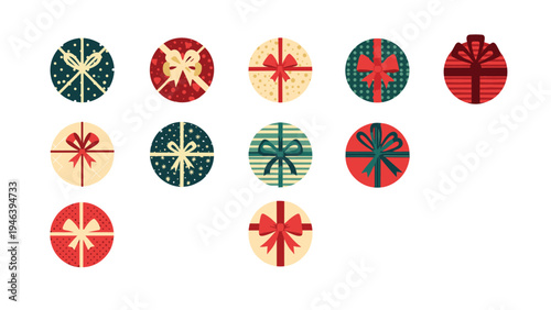Collection of top view circular gift boxes with various colorful patterns and ribbons for holiday celebration gifts.