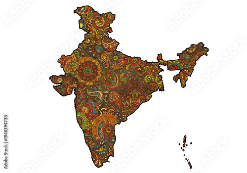 Decorative India Map with Intricate Paisley Pattern Colorful Traditional Doodle Art.