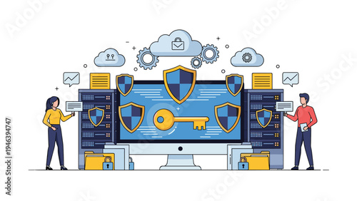 Network security and data protection concept with computer monitor showing shields and key icons between server racks and expert professionals.