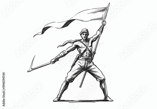 Dynamic ink drawing of a defiant warrior holding a blank flag and pickaxe ready for action.