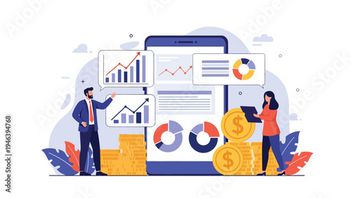 Mobile banking and financial investment management illustration featuring people interacting with data on a smartphone and golden coins.