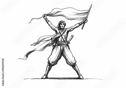 Dynamic sketch of a stylized warrior arms raised holding a flowing white flag and spear wearing a head wrap and loose clothing.