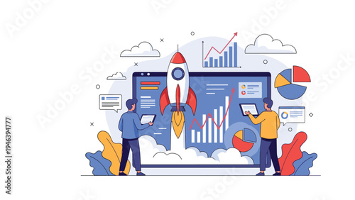 Business startup launch and data analysis concept with rocket flying from a screen surrounded by people and corporate growth charts.