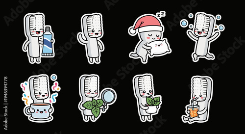 Kawaii toothbrush sticker set playful dental characters in diverse activities, crafted as vector art, available in SVG format for creative projects