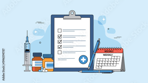 Medical record and healthcare management background with clipboard showing checklist alongside medicine bottles, syringe, and a weekly calendar.