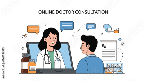 Telemedicine service and online doctor consultation concept with a physician speaking to a male patient via video call on a laptop.