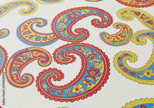 Vibrant traditional paisley pattern with intricate red blue and yellow floral motifs.