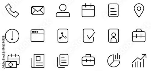 Business icons vector set, corporate office communication graphic, isolated analytics growth chart symbol, minimal line art contact document briefcase collection, professional UI UX design pack