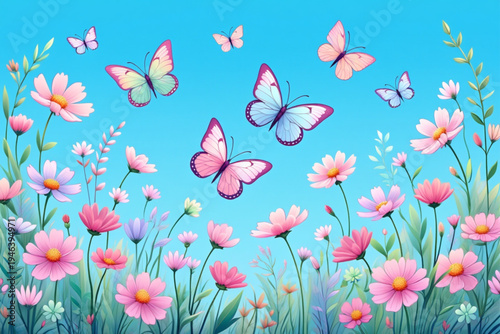 A vibrant flock of butterflies amidst blooming pink flowers under a bright sky.