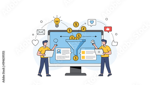 Marketing lead generation funnel concept showing professionals converting social engagement and ideas into financial business profit.