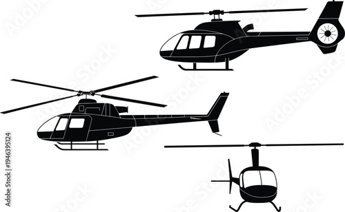 Helicopter silhouette vector set featuring various chopper models and angles, aerial transportation and aviation flat icons for logistics and rescue design concepts