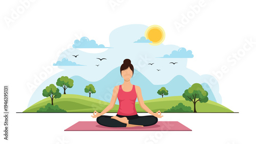 Peaceful yoga and meditation concept with a woman sitting in lotus pose outdoors in a landscape with green hills, trees, and flying birds.