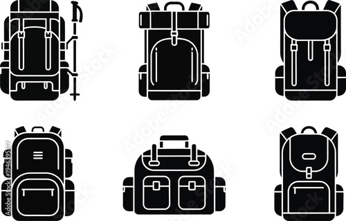 Various black vector backpack graphic designs with white outlines