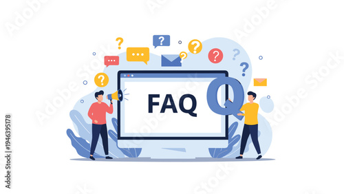 Customer support FAQ concept showing professionals with a megaphone and a large question mark icon standing near a computer monitor screen.