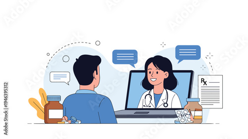 Telehealth and virtual doctor appointment concept from a patient's perspective showing a professional female physician on a laptop screen.