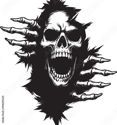 Horror skull screaming black and white vector illustration