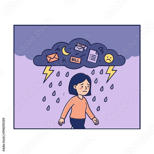 A woman experiences stress and anxiety under a stormy cloud with various symbols.