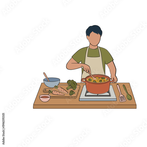 A man cooks food in a pot on a stove with various ingredients