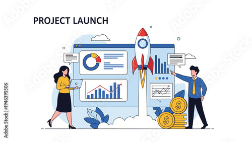 Business project launch success concept with professionals celebrating near a rocket taking off from a screen filled with growth charts.