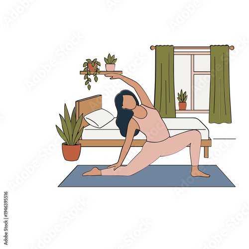 Woman practices yoga in bedroom with plants on shelf by window sill