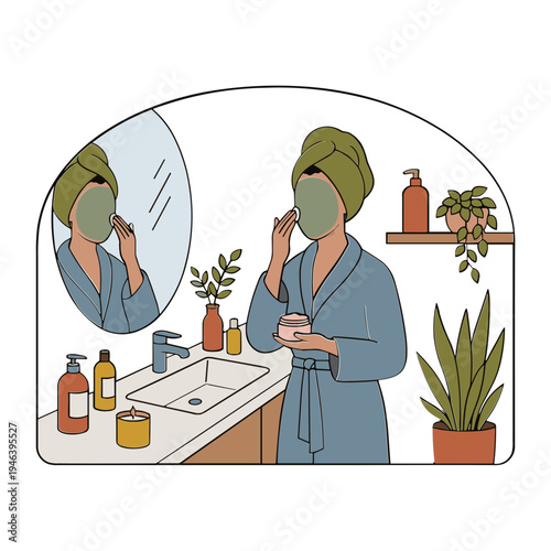 Woman applies facial mask while standing in bathroom with plants and toiletries.